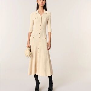 Maje Cream Long Sleeve Knit Dress